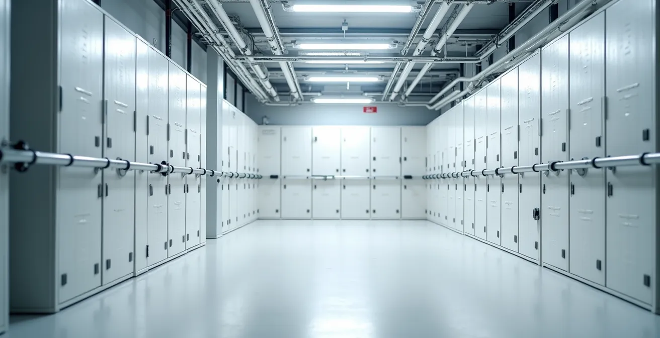 Vue large d'une installation électrique professionnelle aux normes dans un espace technique épuré