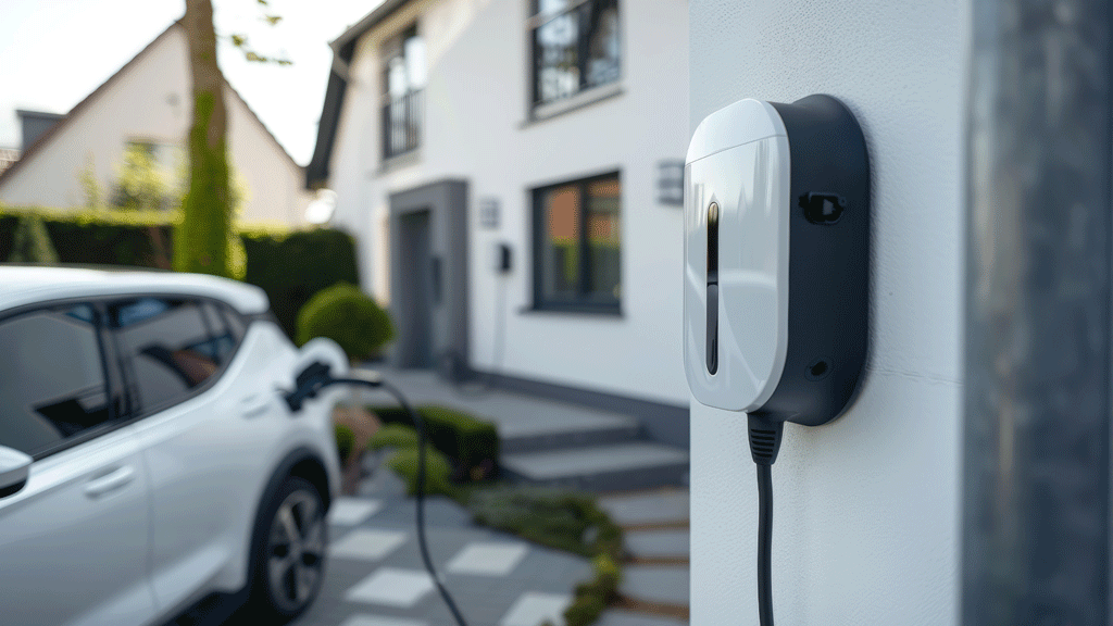 Voiture électrique branchée sur borne de recharge à domicile en fin de journée dans une allée résidentielle française