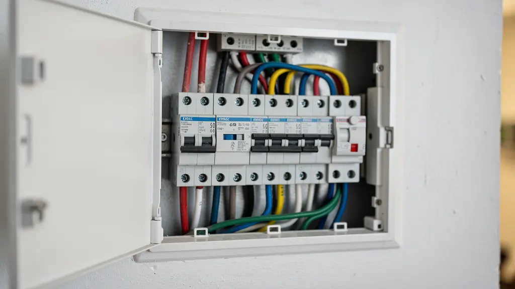 Tableau électrique ouvert montrant les disjoncteurs dans une maison individuelle avant installation borne