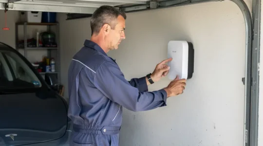 Technicien certifié IRVE inspectant une borne de recharge murale dans un garage résidentiel à Angers