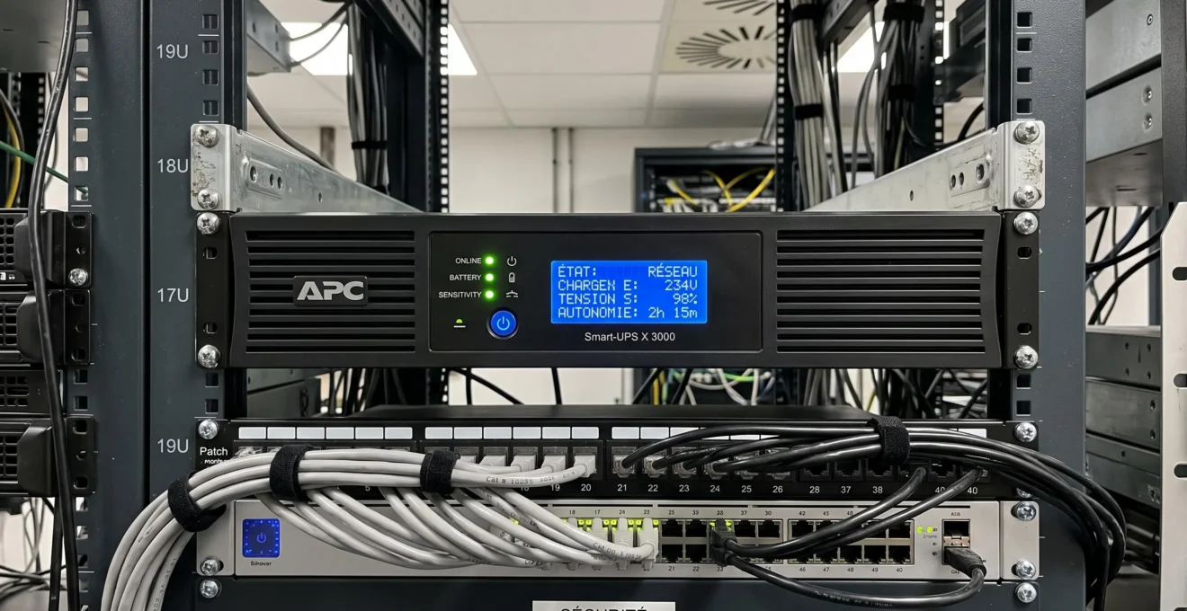 Onduleur professionnel monté en rack avec écran LCD et indicateurs LED en fonctionnement