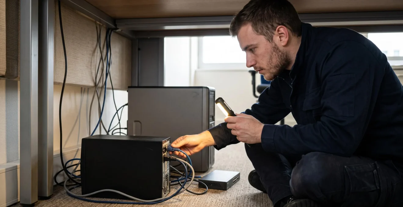 Technicien accroupi sous un bureau vérifiant les connexions d'un onduleur protégeant un poste de travail