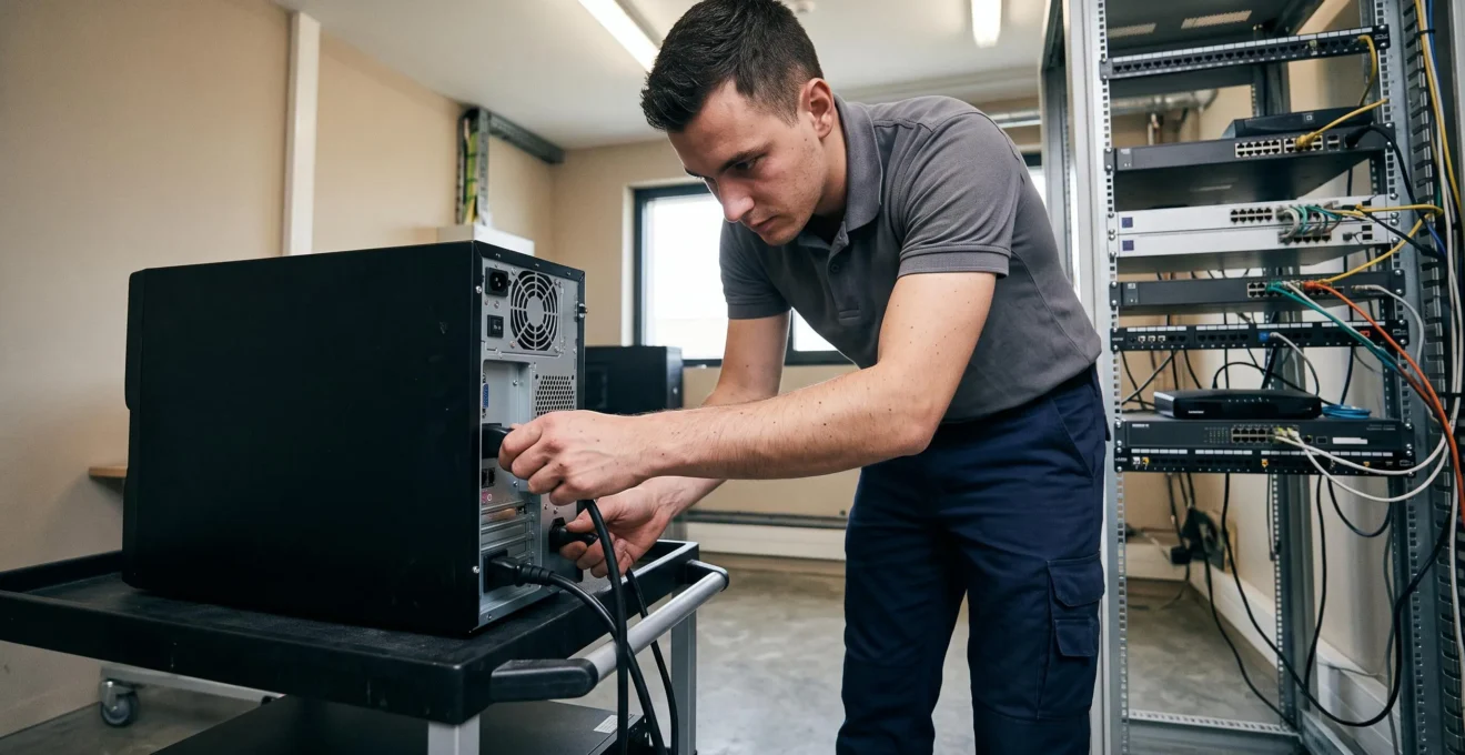 Technicien informatique installant et connectant un onduleur dans une salle technique professionnelle
