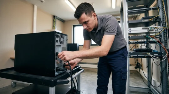 Technicien informatique installant et connectant un onduleur dans une salle technique professionnelle